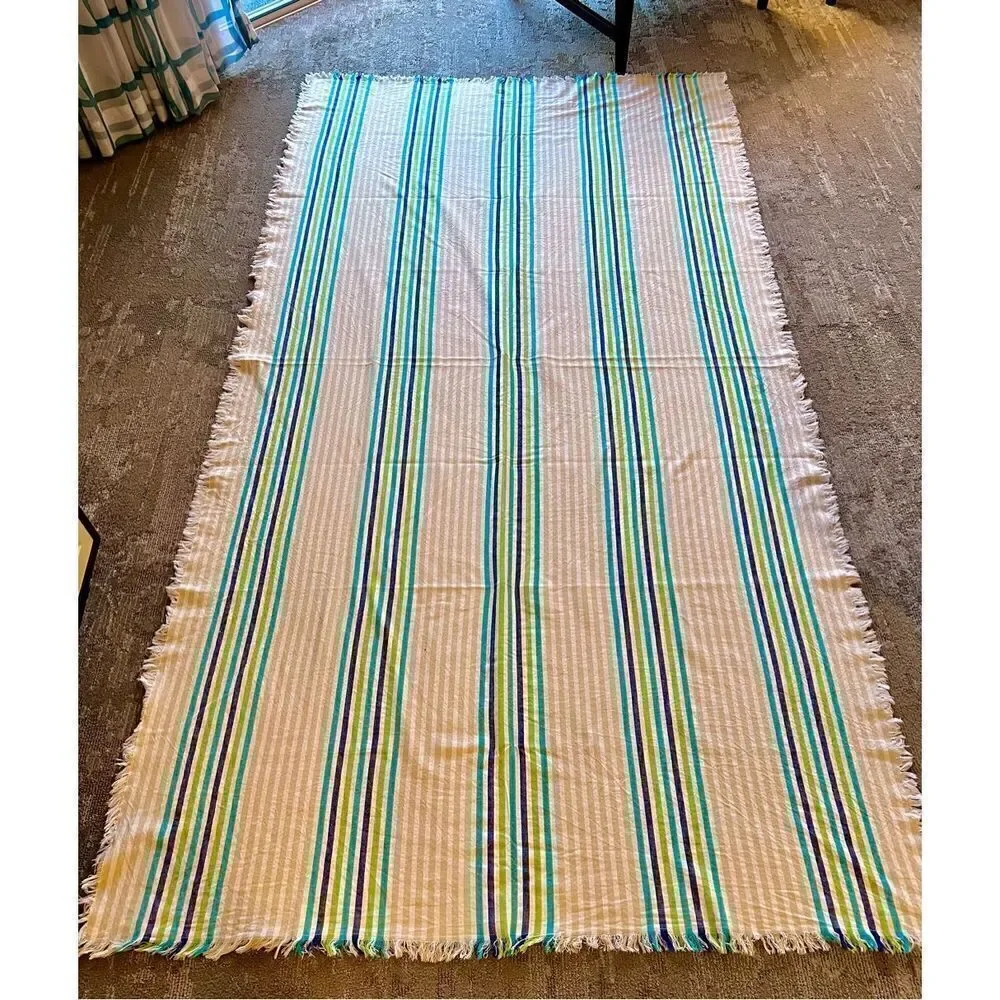 Max Studio Home Tablecloth Blue/Aqua/Green Striped Fringed 54 X 104 100% Cotton